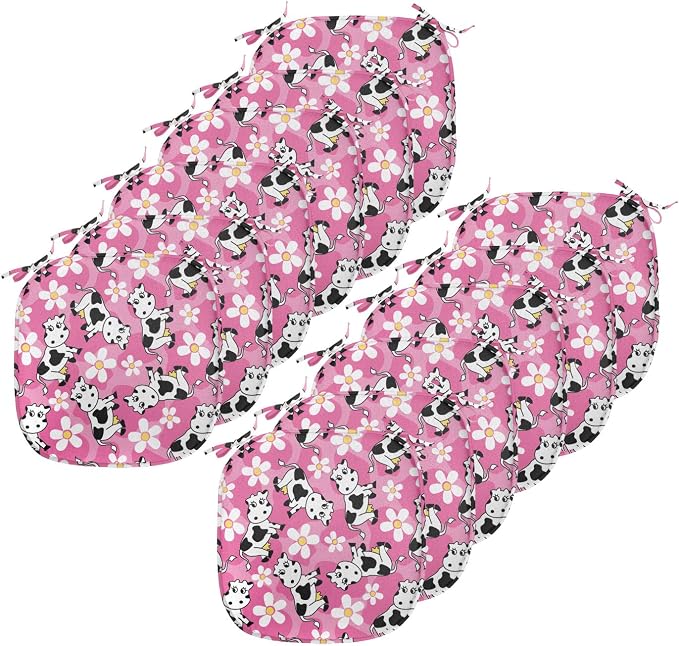 Lunarable Cow Chair Seating Cushion Set of 12, Cartoon Pattern Domestic Farm Animal and Daisy Flowers, Anti-Slip Seat Padding for Kitchen & Patio, 16"x16", Pink Charcoal Grey