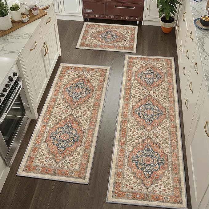 Color&Geometry Vintage Kitchen Rugs Sets of 3, Machine Washable 4mm Ultra Thin Stain Resistant Kitchen Floor Mats, Non Slip TPE Backing Runner for Sink,Hallway,Laundry,Entryway (2x3+2x5+2x7)