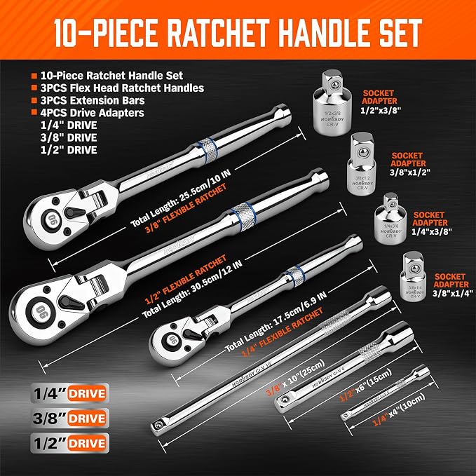 10-Piece Flex-Head Ratchet Set, 1/4", 3/8" & 1/2" Drive Socket Wrenches, 90-Tooth Quick-Release Reversible Low-Profile, Extension Bars (4", 10", 6") & 4 Adapters for Automotive, Bike, and Home Repair