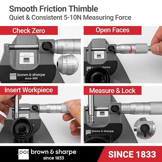 Brown & Sharpe Outside Micrometer 0–1", Precision Micrometer Machinist Tools, 0.001" Graduation, Carbide Measuring Faces, Ratchet Stop, Satin Chrome Sleeve for Reliable Measurement & Clear Reading