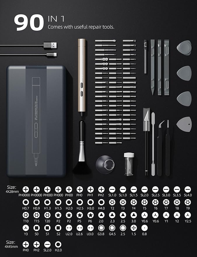 iFu 90-in-1 Mini Electric Screwdriver, Cordless Precision Repair Kit | Fixing a laptop or drone? This 90-in-1 electric screwdriver set with 64 S2 bits is ideal for precision electronics repair.