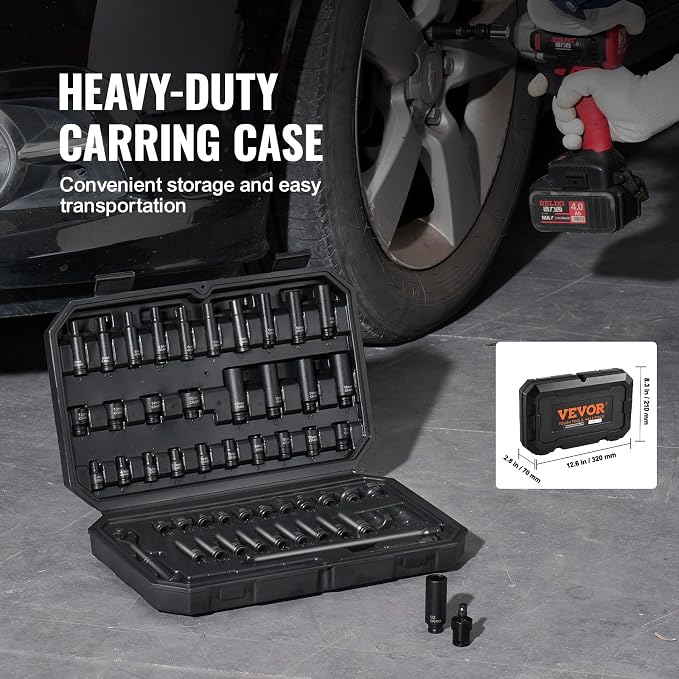 VEVOR Impact Socket Set 1/4" Drive, 55-Piece Deep & Shallow Socket Set Standard SAE (5/32 to 9/16 inch) & Metric (4 to 15 mm) Size, 6 Point, CR-V, Extension Bar, Universal Joint, Reducer