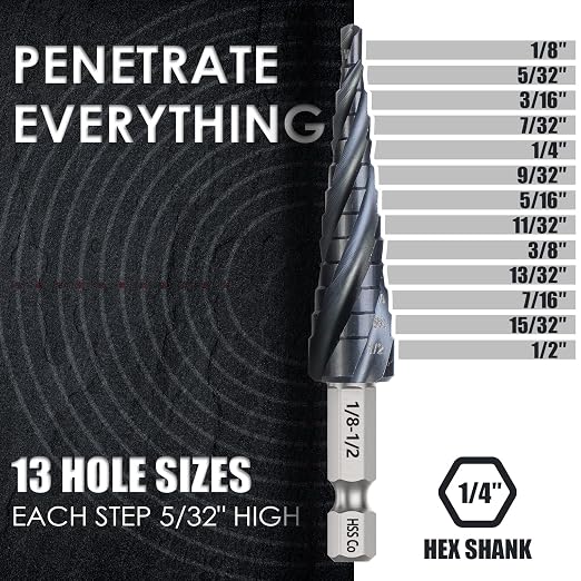 Matework M35 Cobalt Step Drill Bit, Four Spiral Flute Unibit Step Drill Bit (1/8"-1/2") Wear-Resistant TiAlN Coated, 1/4" Hex Shank for Metal, Carbon Steel, Stainless Steel, Wood, Plastic (13 Size)
