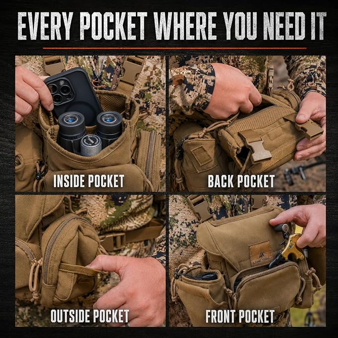 Extra Storage Bino Harness - Binocular Chest Pack, Hunting Rig | Waterproof 500D Cordura, StealthStalk quiet fabric, rangefinder pouch, silent magnetic closure