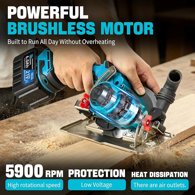 6" Cordless Circular Saw,6900 RPM Power Wood Saw with 2 X 6.0Ah Batteries, 6" Alloy Blade, 2.2"(90°)1.5"(45°) Max Cutting Depth,Portable Table Saw for Wood,Home Renovation