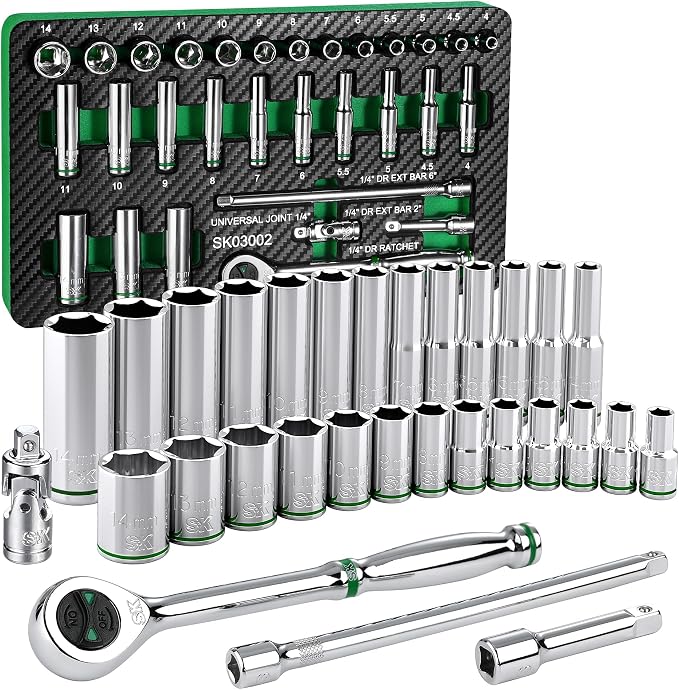 SK 1/4" Drive Socket Set with 160-P Ratchet, 30-Piece Metric Sockets | SuperKrome Finish, Premium CR-V Steel, Heat Treated, with EVA Foam Tool Organizer