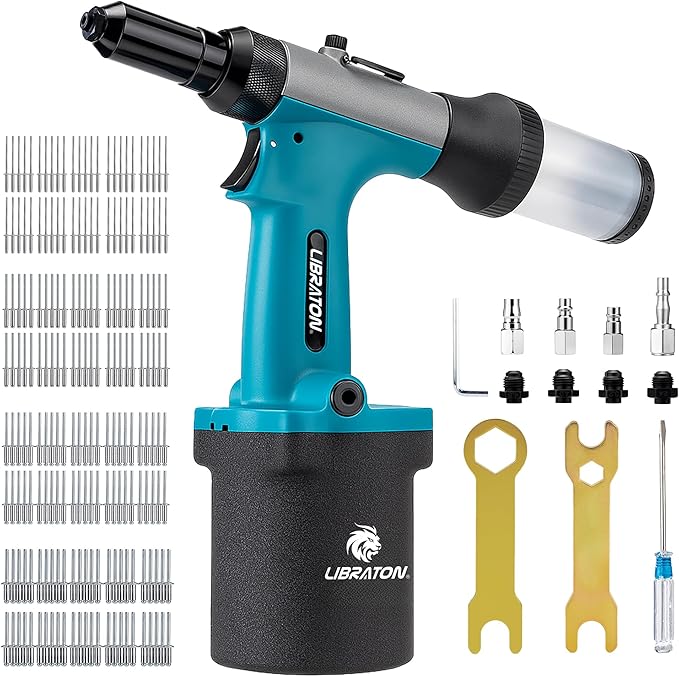 LIBRATON Pneumatic Rivet Gun Kit, Heavy Duty Air Riveter Tool 3/32", 1/8", 5/32", 3/16" with 200 Rivets, Air Hydraulic Pop Rivet Gun for Automotive Repair, Self-Suction Design