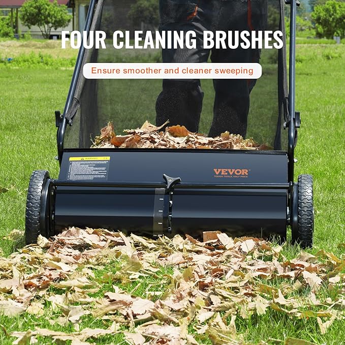 VEVOR Push Lawn Sweeper, 26 Inch Leaf & Grass Collector, Strong Rubber Wheels & Heavy Duty Thickened Steel Durable to Use with Large Capacity 7 ft³ Mesh Collection Bag, 4 Spinning Brushes