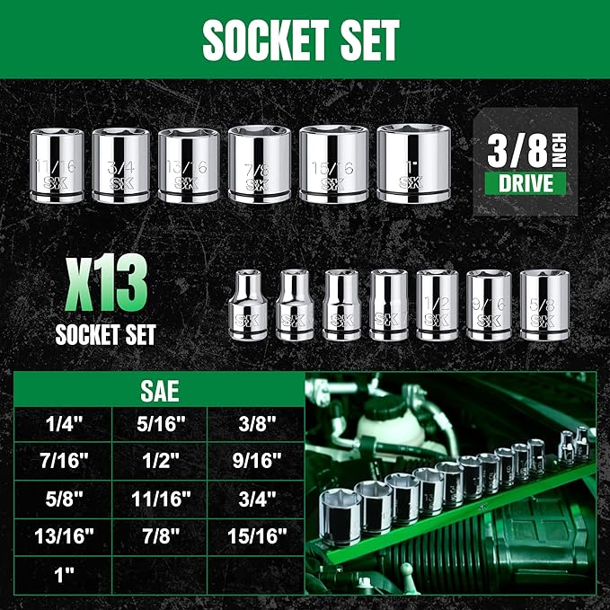 SK 3/8" Drive Socket Set, SAE Sockets, 13-Piece, 1/4" to 1" | SuperKrome Finish, Premium CR-V Steel, with Aluminum Socket Organizer