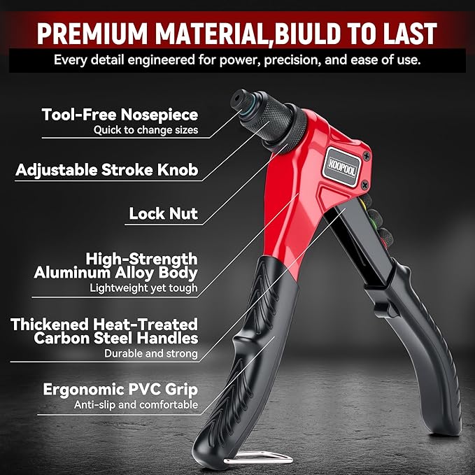 KOOPOOL Rivet Gun Kit, Adjustable Stroke Design Manual Pop Rivet Tool with 200 Rivets and 4 Drill Bits, 4 Tool-Free Rivet Heads, Heavy-Duty Hand Riveter with Sturdy Case for Metal, Plastic, Leather