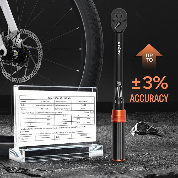 Kerry 3/8 Inch Drive Click Torque Wrench, 5-50 ft-lb/6.8-67.8 Nm | ±3% Accuracy, Dual Scale, 72-Tooth Reversible Ratchet, Quick Release and Locking Adjustment with Case for Motorcycles, Cars