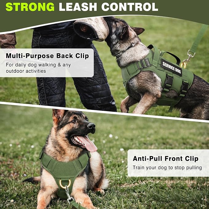 Tactical Dog Harness with Dog Leash, Service Working MOLLE Vest with 10 Pet Patches for Dog, No Pull Military Harness and Backpack for Training Hunting Walking