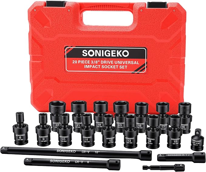 20-Pcs 3/8" Drive Impact Swivel Socket Set,Metric Universal Socket 8mm-22mm | CR-Mo,6-Point, Comes with Extension Bars, Universal Joint, 1/2" to 3/8" & 1/4" to 3/8" Reducer Adapters