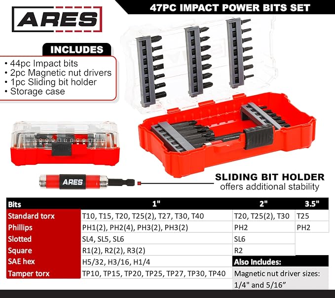 ARES 31020-47-Piece Impact Bit Set – Set Includes Phillips, Slotted, Square, Hex, and Standard and Tamper Torx Bits – Premium S2 Steel Construction