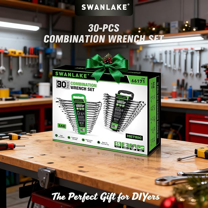 SWANLAKE 30-Piece Combination Wrench Set, Metric & SAE (8-22mm & 1/4” to 1-1/16”),12-Point Open End Standard Wrench Set, Mechanics Wrenches Sets, Chrome Vanadium Steel with Storage Rack