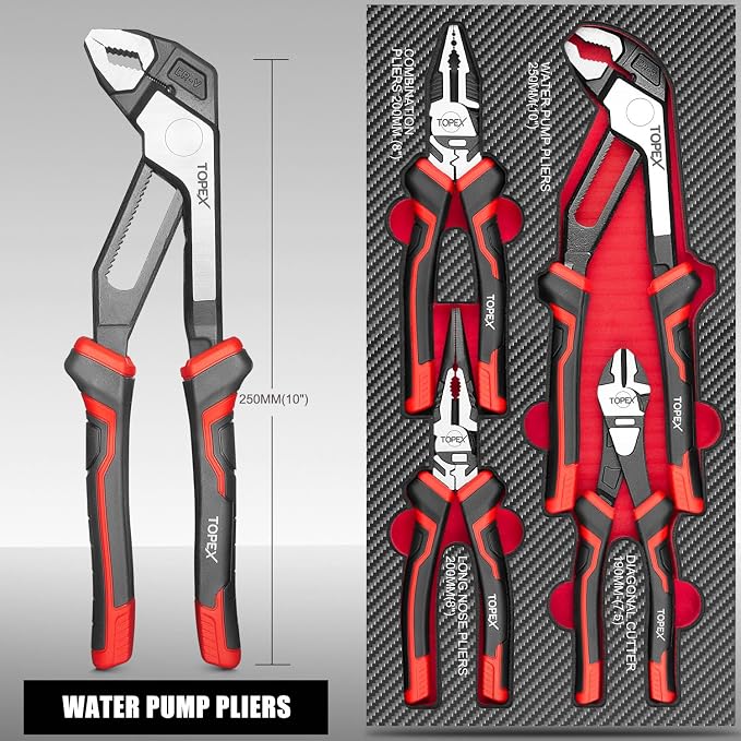 TOPEX 4 Piece Pliers Set with Ergonomic Non-Slip Handle (190 mm Diagonal Cutters, 200 mm Combination Pliers, 200 mm Long Nose Plier, 250 mm Water Pump Plier) for Demanding Tasks & Home Use