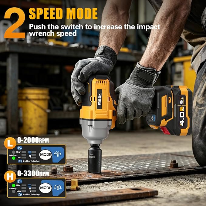 Cordless Impact Wrench, 900Ft-lbs (1200N.m) 1/2" Brushless Impact Gun with 2x 4.0Ah Battery, Fast Charger & 3 Sockets, High Torque Power Impact Driver Ideal for Car, DIY, and Truck RV/Mower (1200N.m)