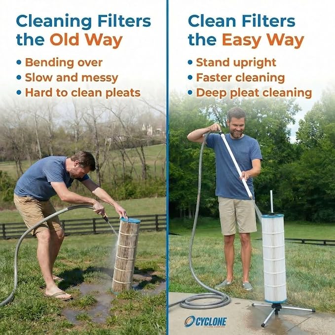 CYCLONE FILTER CLEANER PRO – Patented Hose-Powered Spinning Cartridge Filter Cleaning Tool with Folding Tripod Stand & Pro Tool Bag – Cleans 5X Faster – Fits 3”, 4”, 6” ID Pool Filters