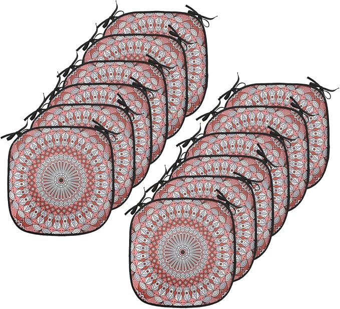 Lunarable Moroccan Chair Cushion Pads Set 12, Colorful Patterned Ornament Medieval Openwork Eastern, Anti-Slip Seat Padding for Kitchen & Patio, 16"x16", Coral Red Pale Grey