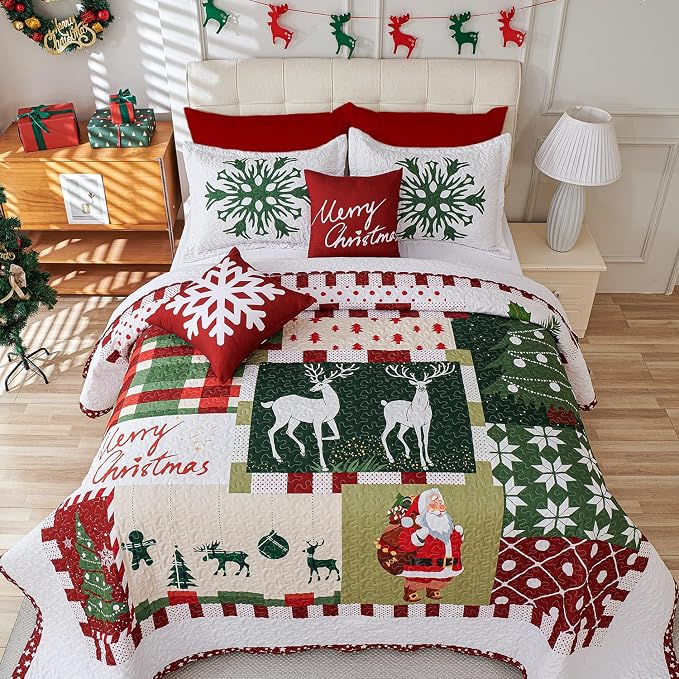 Cmfshape 5-Piece Christmas Quilt Set,Queen Size Xmas Tree Reindeer Santa Claus Pattern Christmas Bedding Set,Reversible Bedspread Coverlet,Holiday Bedding(92"x96")