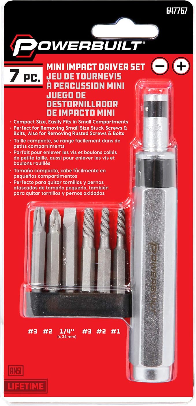 Powerbuilt 1/4 Inch Drive 7 Piece Impact Driver Set Extractor Tool, Remove Rusted, Damaged Screws, Strike Handle With a Hammer to Create Spring-Loaded Twisting Torque - 647767