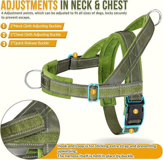 SlowTon No Pull Dog Harness with Front Clip - Heavy Duty, Soft Padded | Neck & Chest Adjustable, Tactical Pet Vest and Leash Set for Large Medium Sized Dogs, for Easy Walk & Training, Green M