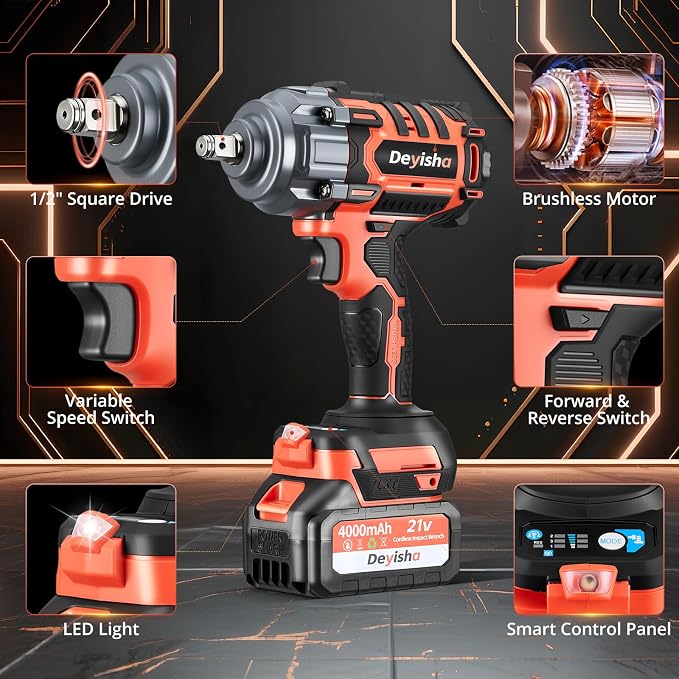 1500N.m (1100Ft-lbs) Cordless Impact Wrench | 1/2" Brushless High Torque Impact Wrench with 2x 4.0Ah Batteries, 6 Sockets for Car, RV, Truck Wheel Lug Nuts