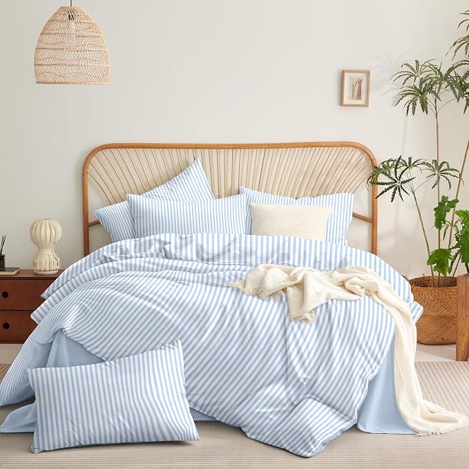 Sedefen Striped Duvet Cover King Size Blue Stripes On White Bedding Set 3 Pieces Kids Boys Girls Geometry Stripe Comforter Cover with Zipper Closure
