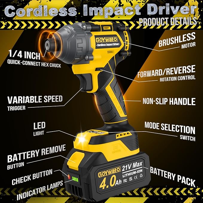 Cordless Impact Driver 2655In-lbs(300N·m) - 21V 1/4" Hex Chuck Brushless Hand Impact Driver With 2 x 4.0Ah Battery & Charger & 14 x Sockets Set & 10 x Screwdriver Bits for Home Projects & DIY