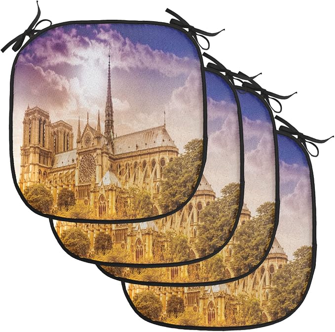 Lunarable Paris Chair Cushion Pads Set of 4, Notre Dame Paris Parisian Gothic Trees Forest Sun Cloudy Sky, Anti-Slip Seat Padding for Kitchen & Patio, 16"x16", Yellow Pink Violet Blue