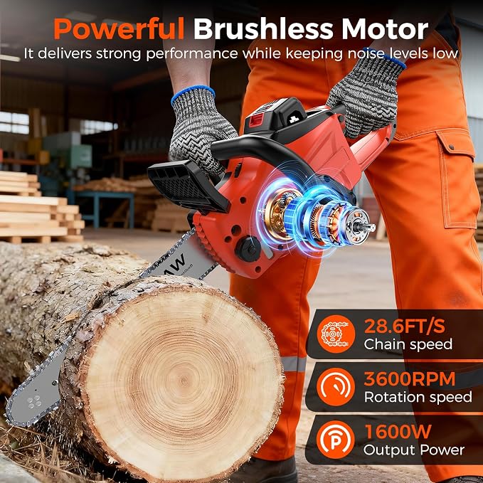 12" & 16" Electric Chainsaw Cordless, 21V Battery & Fast Charger,Brushless Chain Saw Kit with Safety Goggles and Gloves，Auto Oiling for Tree Pruning and Wood CuttingBranch
