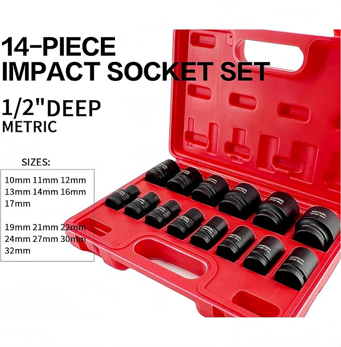 TONYNOL 1/2" Shallow Drive Impact Socket Set,6‑Point,Metric 10mm‑32mm,14Pcs | Cr-Mo Steel,With a Storage Case