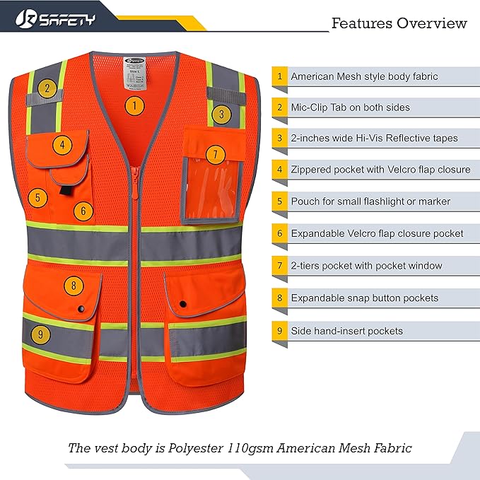 JKSafety 9 Pockets Hi-Vis Reflective Safety Vest | Mesh Fabric | Fluorescent Orange Color with Neon Yellow Extended Trims | ANSI/ISEA Compliance (100-Orange, XXL)