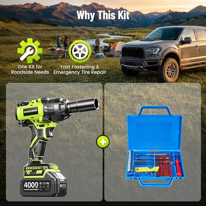 Robustrue 1400N.m (1032ft-lbs) Cordless Impact Wrench, 1/2" Brushless High Torque Impact Gun, 11Pcs Tire Repair Kit, 2x4000 mAh Batteries, Fast Charger, Impact Driver for Car Home/Truck RV/Mower