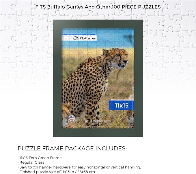 ArtToFrames Puzzle Frame for Buffalo Games 100 Piece Jigsaw Puzzles, 11x15 Inch (28x38 cm), Fern Green Engineered Wood with Regular Glass, Ready to Hang Puzzle Display