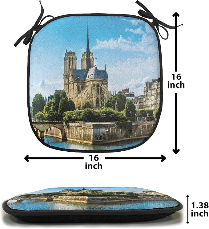 Lunarable Paris Chair Cushion Pads Set of 2, Notre-Dame Building Paris Monument Travel Destinations Photo, Anti-Slip Seat Padding for Kitchen & Patio, 16"x16", Pale Coffee Pale Blue