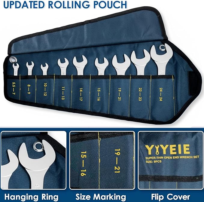 YIYEIE 9Pcs Super-Thin Wrench Set, 3mm Ultra-Slim Open End Wrench Set | Metric 5.5, 7, 8, 9, 10, 11, 12, 13, 14, 15, 16, 17, 19, 21, 22, 23, 24, 27mm, CR-V Steel, Flat Wrenches with Mirror Finish