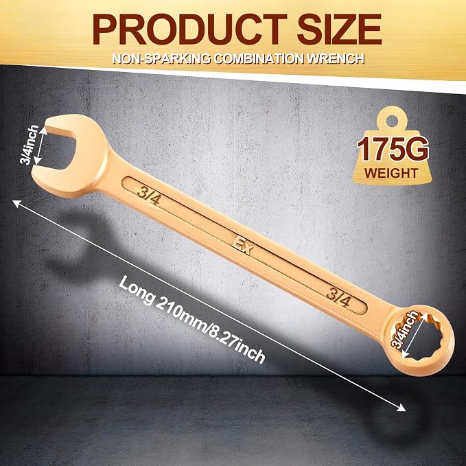 Hicarer 3/4" Non-sparking Combination Wrench Non-magnetic Wrench 210 mm Length Aluminum Bronze Combination Spanner for Flammable and Explosive Environment Technician Electrician Die-forged
