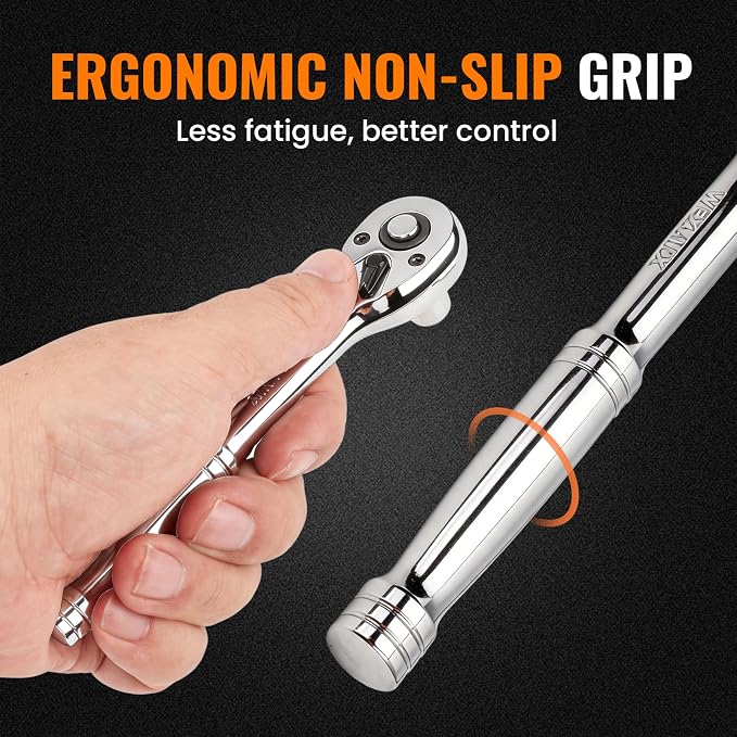 1/4“ Drive 90-Tooth Ratchet Wrench with Extension Bar | Socket Wrench, Reversible Design, Quick-Release, Cr-Mo Head, Cr-V Made, 4° Swing Arc, Full Polished