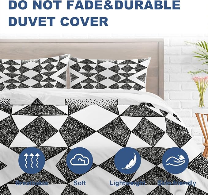 Batmerry Houndstooth Black White King Size 100% Cotton Duvet Cover Sets, Plaid Abstract Fashion Geometric Bedding Set with Zipper Closure Corner Ties, 3 Pieces (1 Cover + 2 Pillowcases No Comforter)