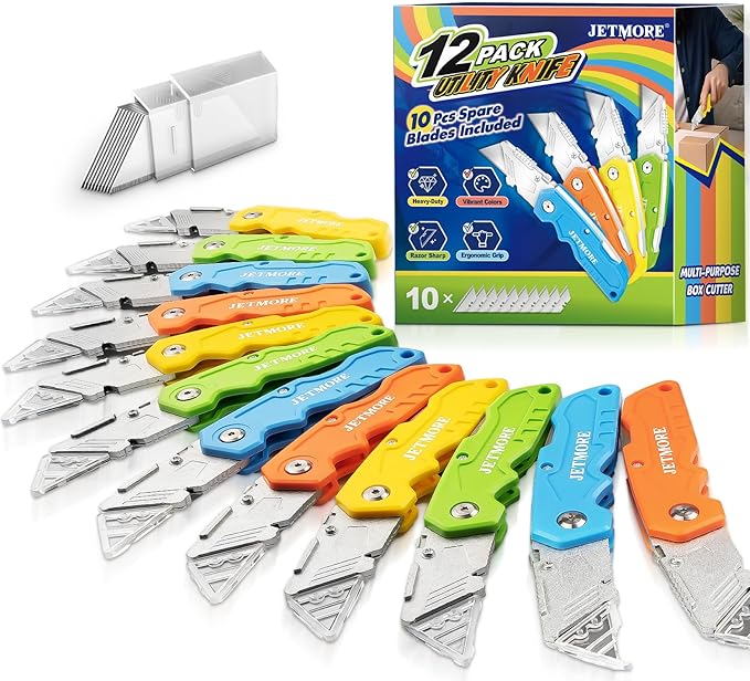JETMORE Folding Utility Knife, 12 Pack Heavy Duty Box Cutter with Extra Blades, Paper Craft Tools, Utility Knives, Paper Cutter, Razor Blade Knife, Razor Knife Utility for Cardboard, Carpet, Plastic