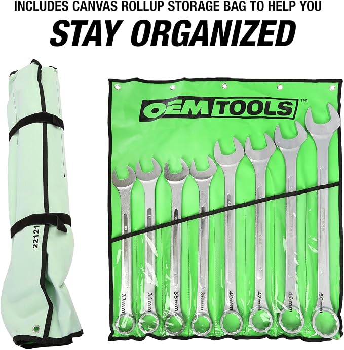 OEMTOOLS 8-PC 12 Pt. Metric Jumbo Combination Wrench Set 33mm-50mm | Box End Metric Wrench Set, 15° Offset Wrenches, Chrome Plated Finish, Includes Canvas Wrench Roll, Drop-Forged Alloy Steel