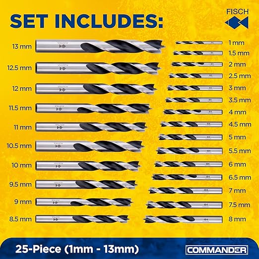 Fisch Brad Point Drill Bit Set, 25-Piece Chrome Vanadium Wood Drill Bits, Sizes from 1mm - 13mm" FSF-364740