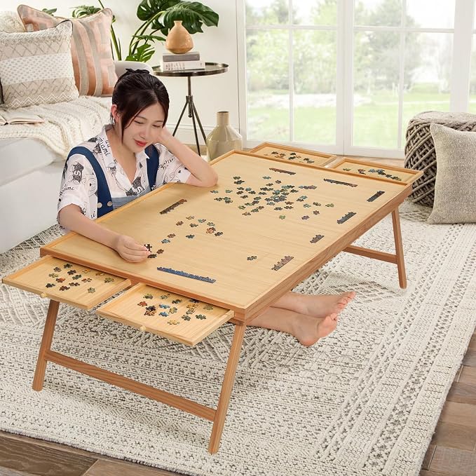 TEAKMAMA 2000Pcs Jigsaw Puzzle Table with 4 Drawers for Adults,Natural | Wooden Jigsaw Foldable Puzzle Board with legs,with Protective Cover,Multifunctional Game Table,41.3W x 27.5D