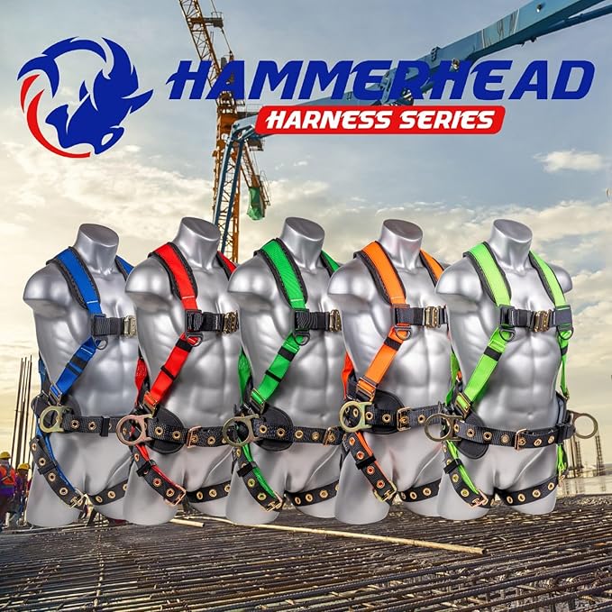 Hammerhead 5pt Safety Harness Back Padded, QCB Chest, Tongue Buckel Legs Straps, Back & Side D-Rings
