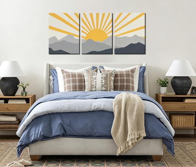 Frimeeme Modern Boho Sun Canvas Wall Art, Set of 3, Yellow and Gray Mountain Sunrise, 12x16 Inch Each, Framed