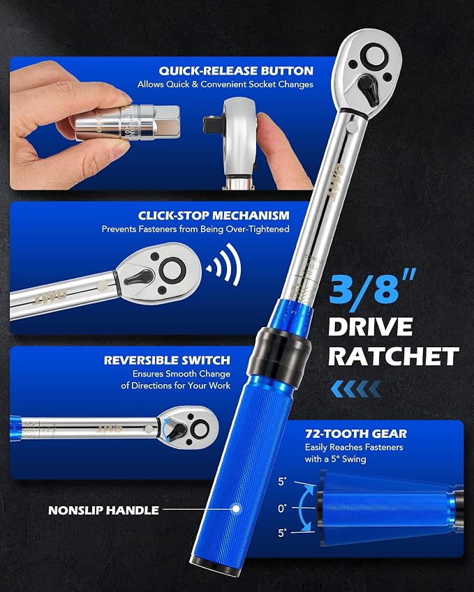 OMT 14pc Spark Plug Socket Set, 3/8" Drive 5-45 Ft.Lb Torque Wrench | 360° Magnetic Swivel Removal Tool; 72-Tooth Ratchet; 12-Point; 3% Tolerance; Torque Bits, Universal Joint, 10" Extension Bar