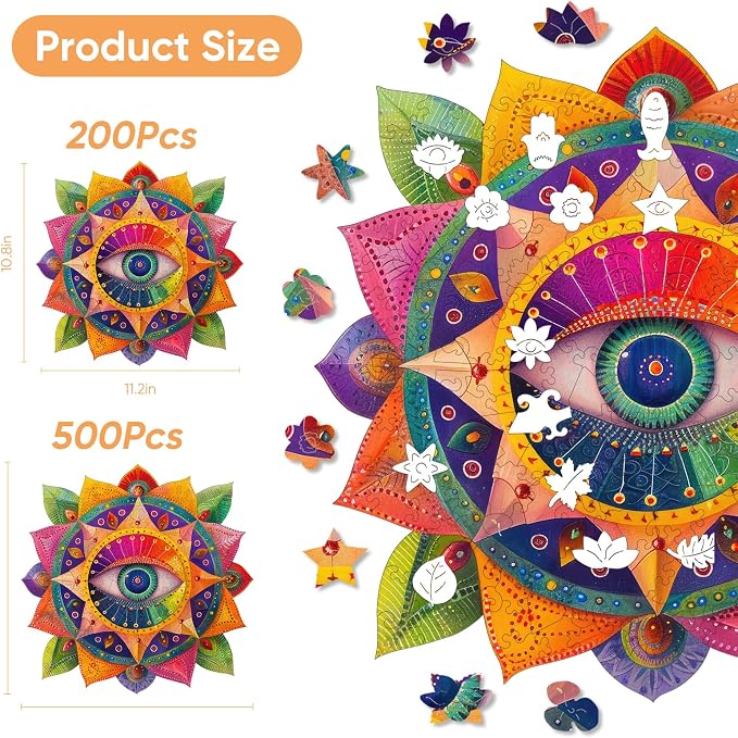 Mys Aurora Mandala Evil Eye Wooden Puzzles for Adults - Spiritual Design for Meditation & Home Decor - Family Game Gift Idea - 200 Piece Jigsaw Puzzle, 11.2'' x 10.8''