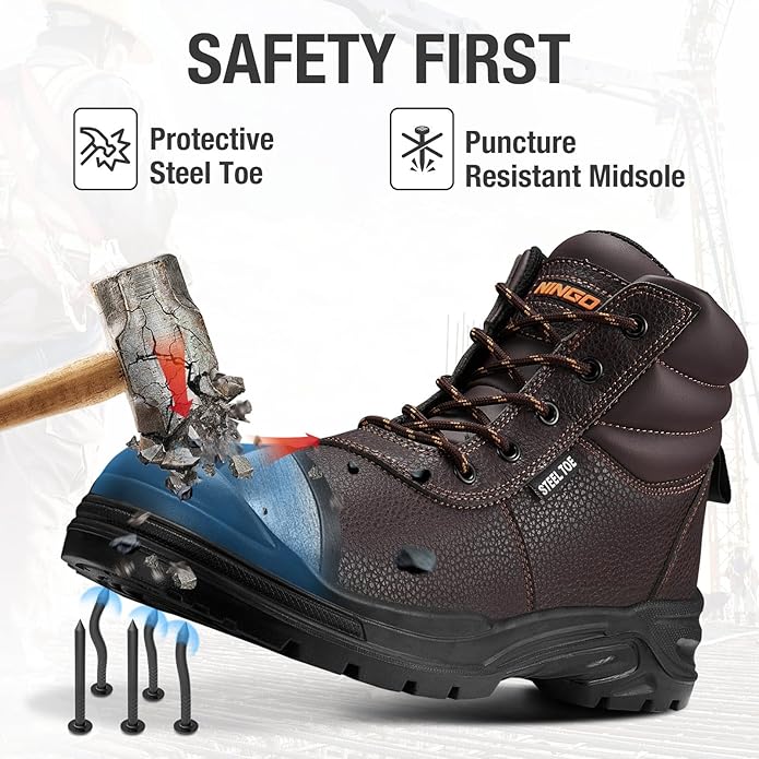 NINGO Steel Toe Work Boots for Men, Non Slip & Puncture Resistant Construction Boots with Breathable Lining, EH Protection, Comfortable Mens Safety Leather Work Shoes for Industrial, Walking Warehouse
