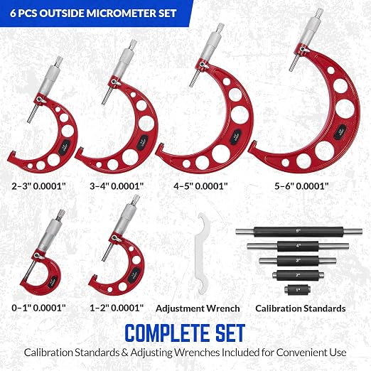 Premium Outside Micrometer Set 0-6" / 0.0001" (0-1"/ 1-2"/ 2-3"/ 3-4"/ 4-5" /5-6") Precision Machinist Tools w/Carbide Tips, Standards, Ratchet Stop